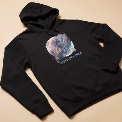 Illustration of an astronaut with flowers in cosmic space, titled 'ASTROFLORA'. — printed on a unisex hoodie