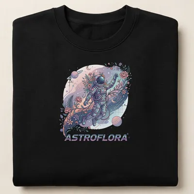 Illustration of an astronaut with flowers in cosmic space, titled 'ASTROFLORA'. — printed on a unisex sweatshirt