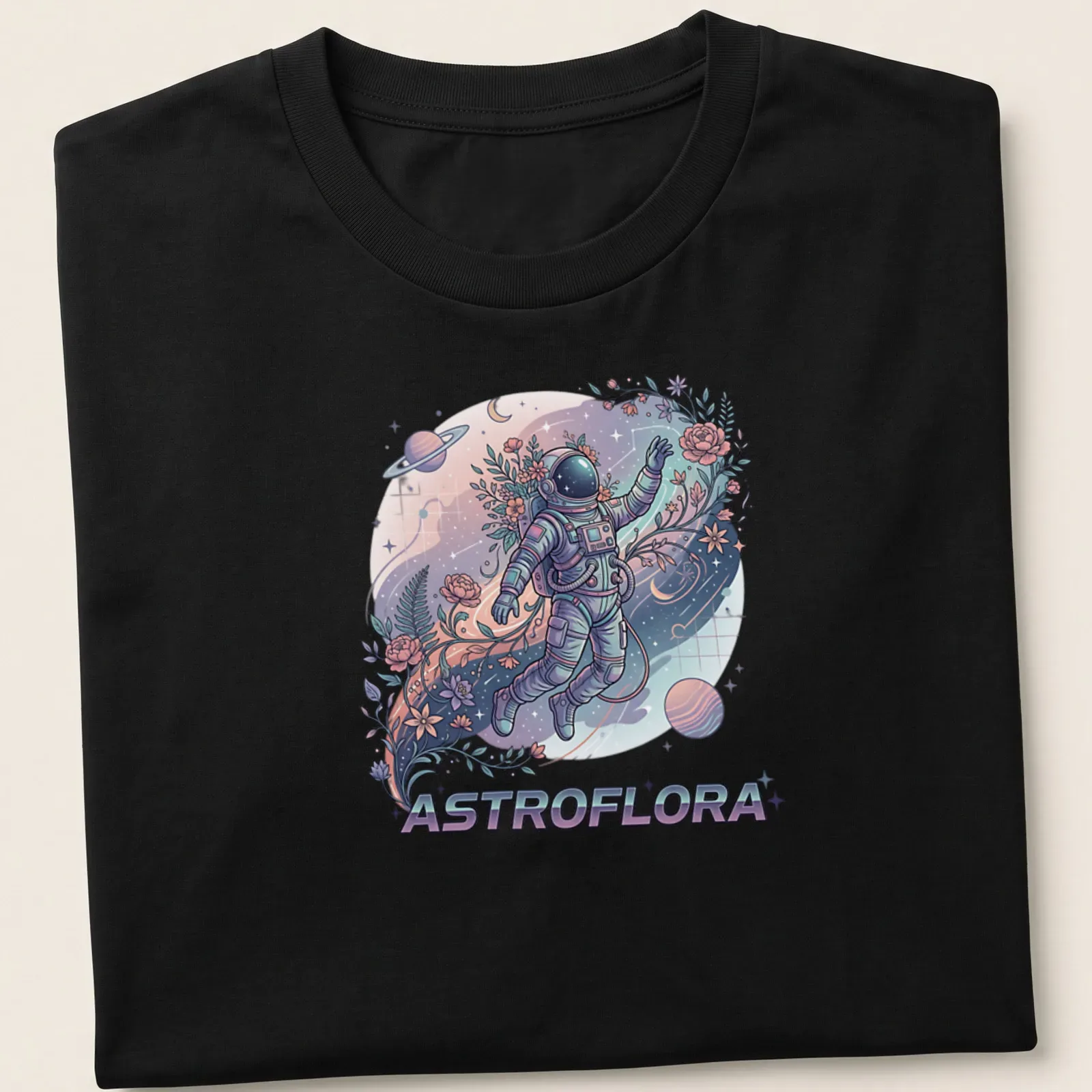 Illustration of an astronaut with flowers in cosmic space, titled 'ASTROFLORA'. — printed on a unisex t-shirt