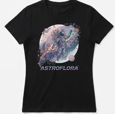 Illustration of an astronaut with flowers in cosmic space, titled 'ASTROFLORA'. — printed on a women's shirt