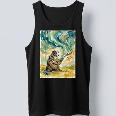 Australian Shepherd playing guitar surrounded by colorful abstract music notes — printed on a tank top