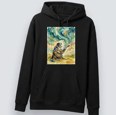 Australian Shepherd playing guitar surrounded by colorful abstract music notes — printed on a unisex hoodie
