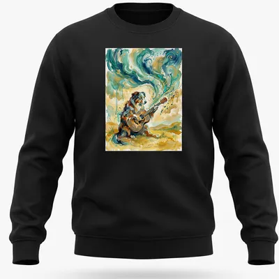 Australian Shepherd playing guitar surrounded by colorful abstract music notes — printed on a unisex sweatshirt