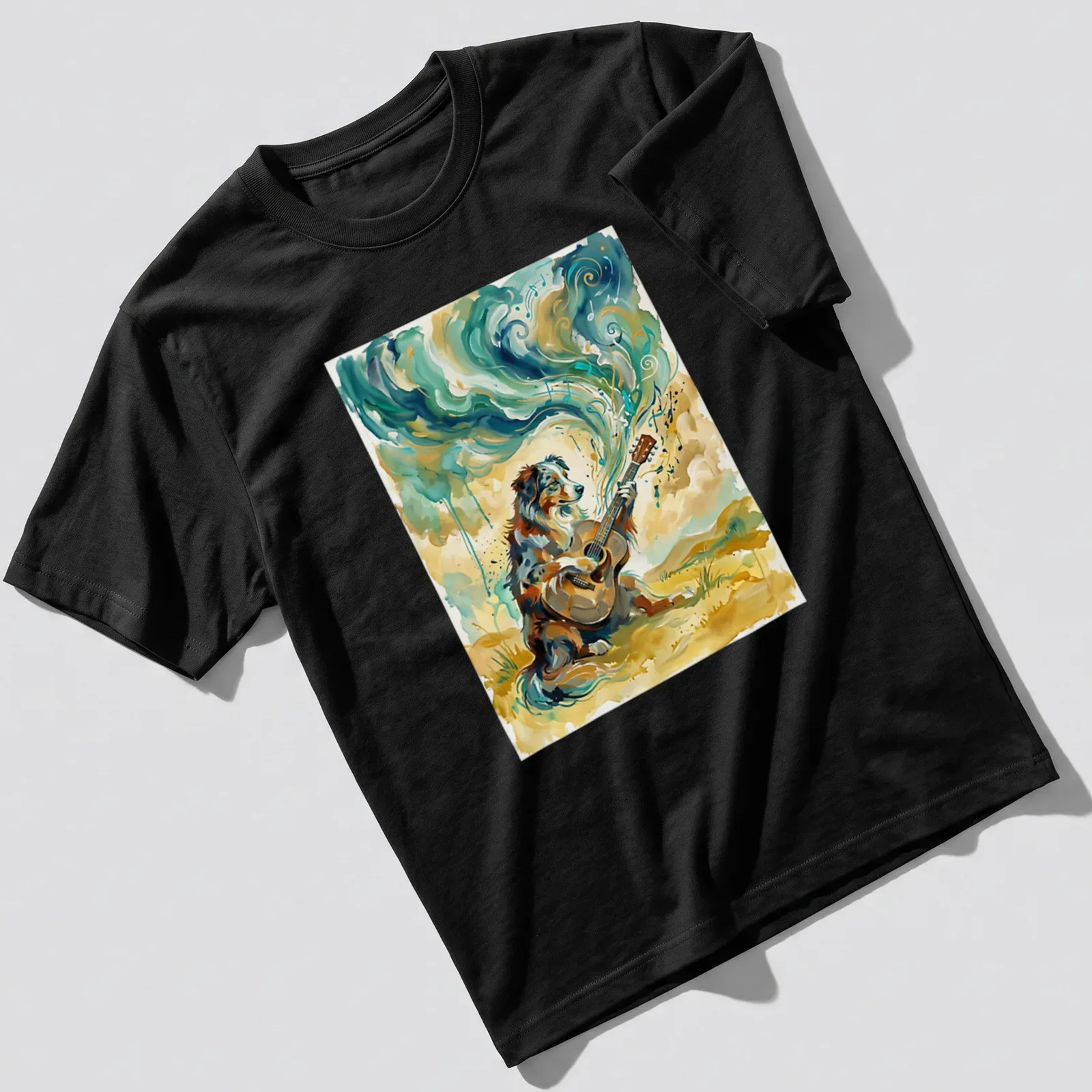 Australian Shepherd playing guitar surrounded by colorful abstract music notes — printed on a unisex t-shirt