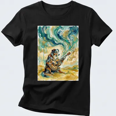 Australian Shepherd playing guitar surrounded by colorful abstract music notes — printed on a women's shirt