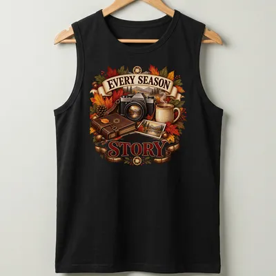 Vintage illustration of a camera with autumn elements and the text 'Every Season tells a Story' — printed on a tank top