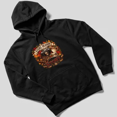 Vintage illustration of a camera with autumn elements and the text 'Every Season tells a Story' — printed on a unisex hoodie