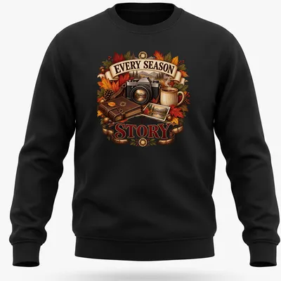 Vintage illustration of a camera with autumn elements and the text 'Every Season tells a Story' — printed on a unisex sweatshirt