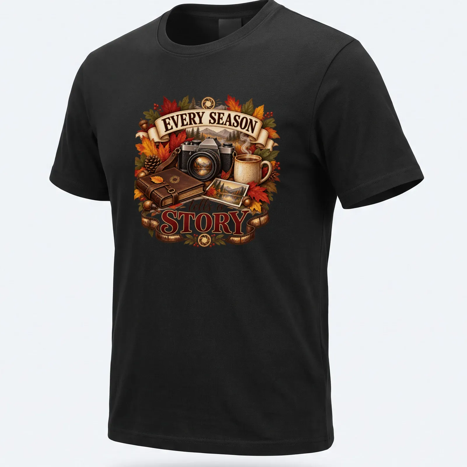 Vintage illustration of a camera with autumn elements and the text 'Every Season tells a Story' — printed on a unisex t-shirt
