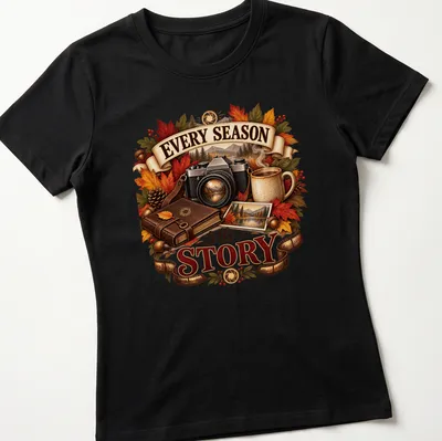Vintage illustration of a camera with autumn elements and the text 'Every Season tells a Story' — printed on a women's shirt