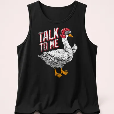 Cartoonish aviator goose with goggles and the text 'TALK TO ME' — printed on a tank top