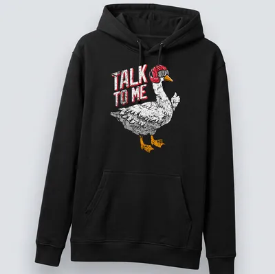 Cartoonish aviator goose with goggles and the text 'TALK TO ME' — printed on a unisex hoodie