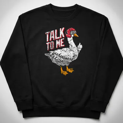 Cartoonish aviator goose with goggles and the text 'TALK TO ME' — printed on a unisex sweatshirt