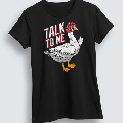 Cartoonish aviator goose with goggles and the text 'TALK TO ME' — printed on a women's shirt
