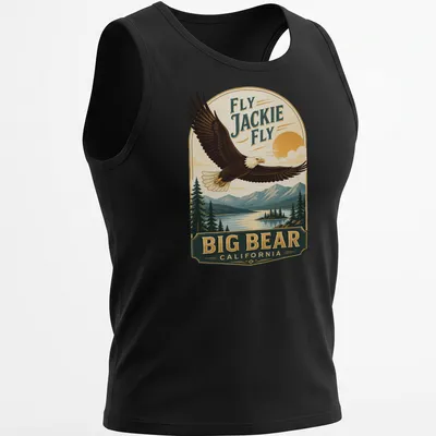 Vintage design featuring a bald eagle soaring with text about Big Bear, California. — printed on a tank top