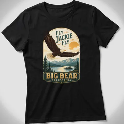 Vintage design featuring a bald eagle soaring with text about Big Bear, California. — printed on a women's shirt