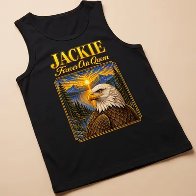 Vintage-style t-shirt featuring a bald eagle with text honoring Jackie. — printed on a tank top