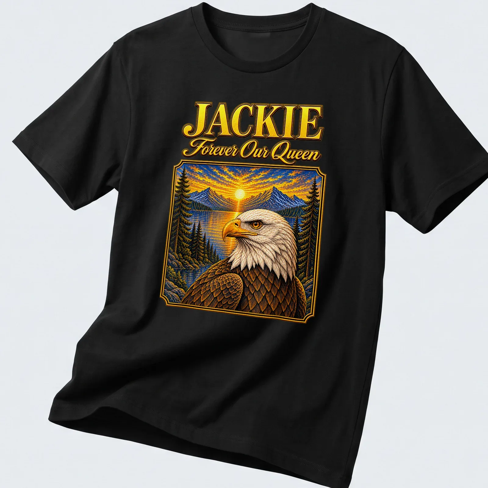 Vintage-style t-shirt featuring a bald eagle with text honoring Jackie. — printed on a unisex t-shirt