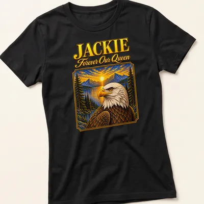 Vintage-style t-shirt featuring a bald eagle with text honoring Jackie. — printed on a women's shirt