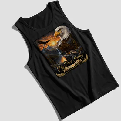 Realistic bald eagle soaring with tribute text for Jackie, featuring gold and brown tones. — printed on a tank top