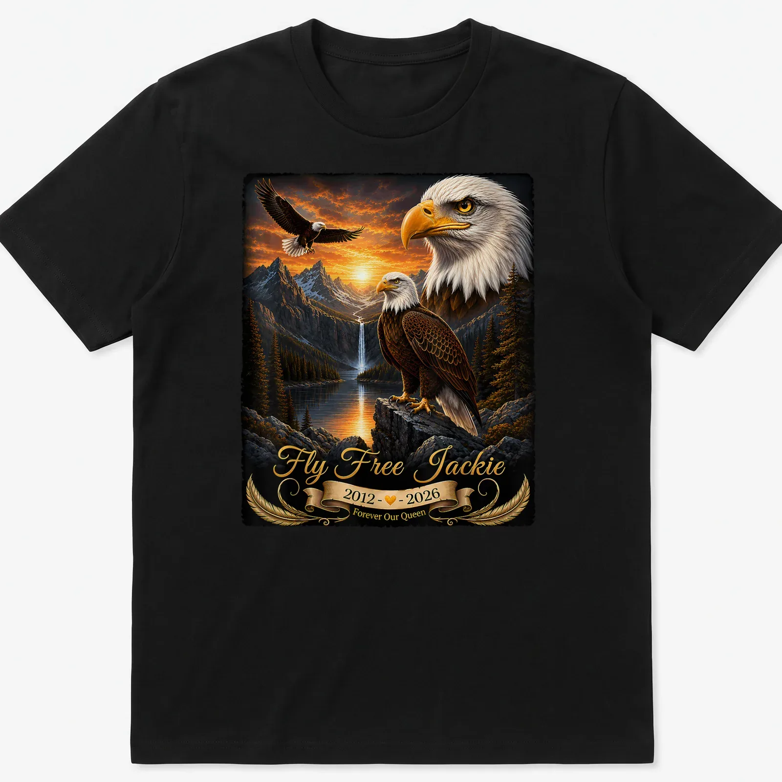 Realistic bald eagle soaring with tribute text for Jackie, featuring gold and brown tones. — printed on a unisex t-shirt