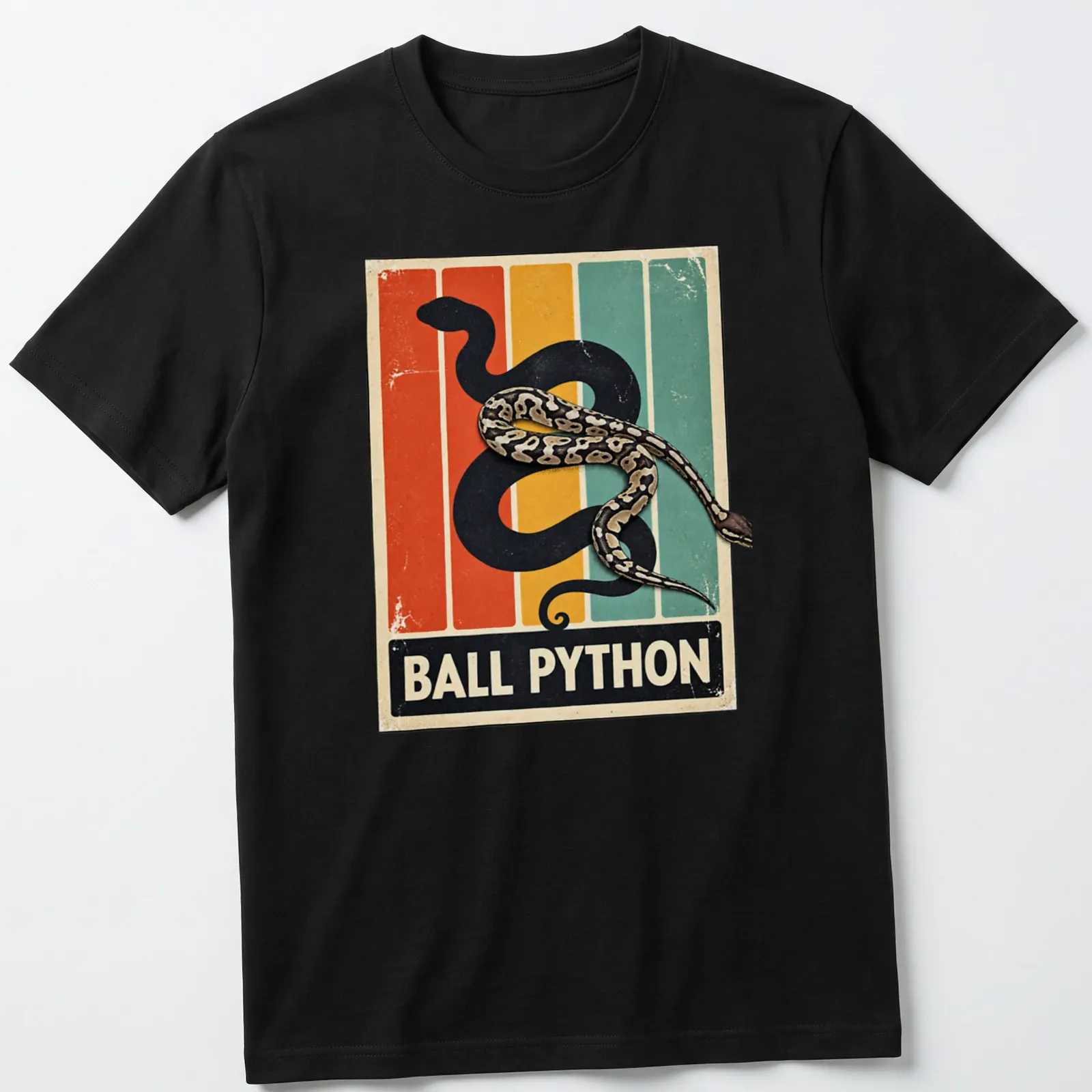 Vintage retro tee featuring a Ball Python with colorful lettering — printed on a unisex t-shirt