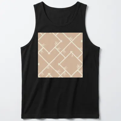 Chinoiserie bamboo lattice design on a neutral T-shirt in beige and cream — printed on a tank top