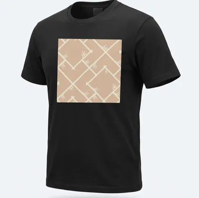 Chinoiserie bamboo lattice design on a neutral T-shirt in beige and cream