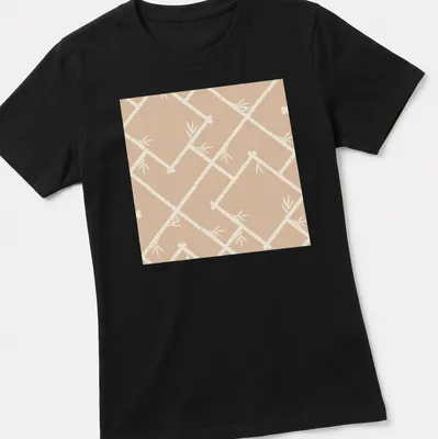 Chinoiserie bamboo lattice design on a neutral T-shirt in beige and cream — printed on a women's shirt
