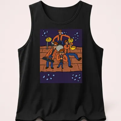 Cartoon design of a band performing live, featuring bold colors and playful lettering — printed on a tank top