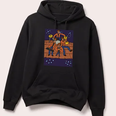 Cartoon design of a band performing live, featuring bold colors and playful lettering — printed on a unisex hoodie