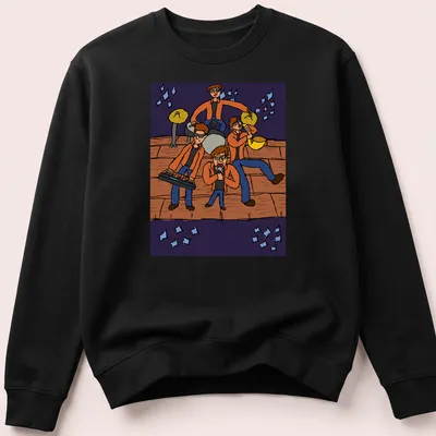 Cartoon design of a band performing live, featuring bold colors and playful lettering — printed on a unisex sweatshirt