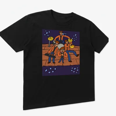 Cartoon design of a band performing live, featuring bold colors and playful lettering — printed on a unisex t-shirt (angled view)