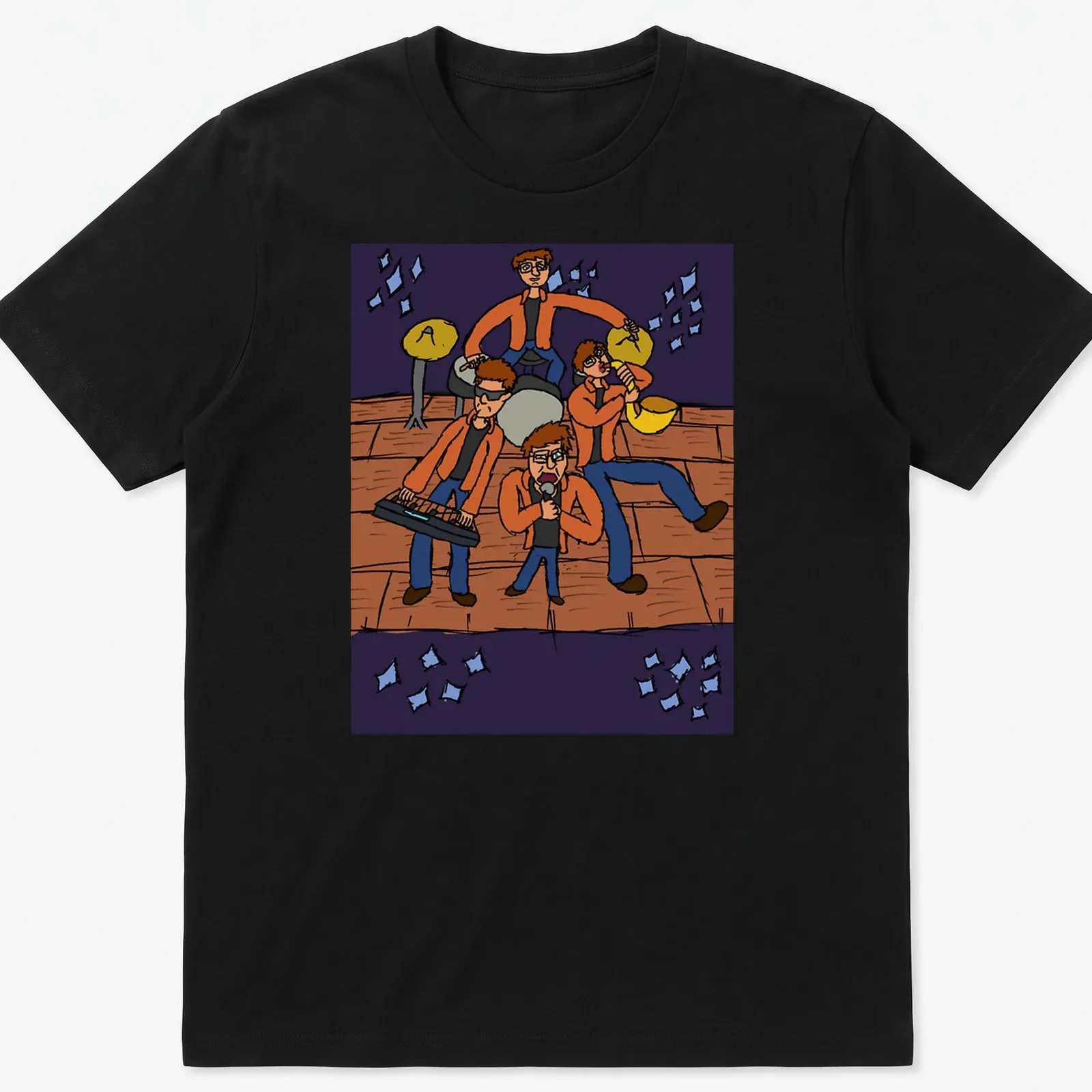 Cartoon design of a band performing live, featuring bold colors and playful lettering — printed on a unisex t-shirt