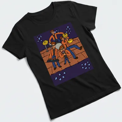 Cartoon design of a band performing live, featuring bold colors and playful lettering — printed on a women's shirt