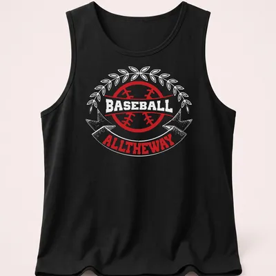 Bold graphic design with the phrase ALLTHEWAY in red for baseball fans. — printed on a tank top