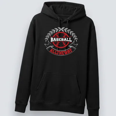 Bold graphic design with the phrase ALLTHEWAY in red for baseball fans. — printed on a unisex hoodie