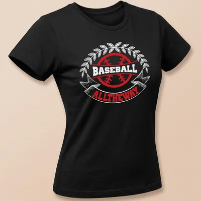 Bold graphic design with the phrase ALLTHEWAY in red for baseball fans. — printed on a women's shirt