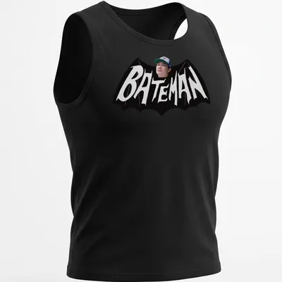 Bold Bateman text in black and white on a graphic — printed on a tank top