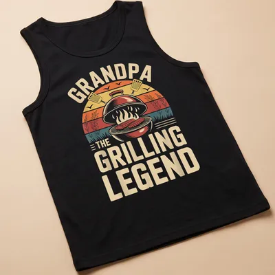 Vintage BBQ Grill Grandpa t-shirt with humorous text and grill illustration — printed on a tank top