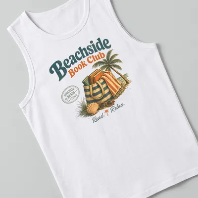 Vintage illustration Beachside Book Club t-shirt with palm tree and books — printed on a tank top