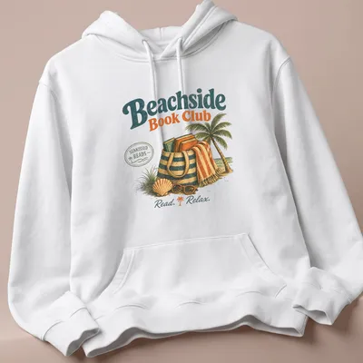 Vintage illustration Beachside Book Club t-shirt with palm tree and books — printed on a unisex hoodie