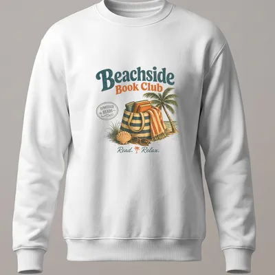 Vintage illustration Beachside Book Club t-shirt with palm tree and books — printed on a unisex sweatshirt