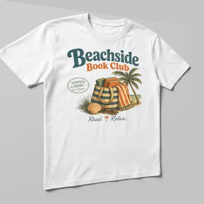 Vintage illustration Beachside Book Club t-shirt with palm tree and books — printed on a unisex t-shirt (angled view)
