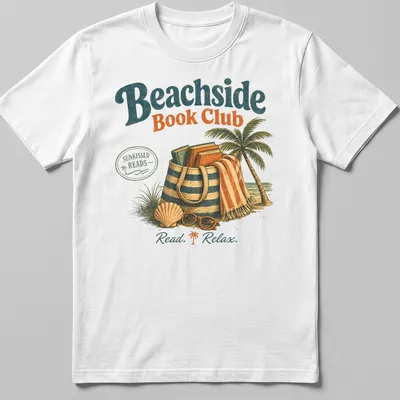 Vintage illustration Beachside Book Club t-shirt with palm tree and books — printed on a unisex t-shirt