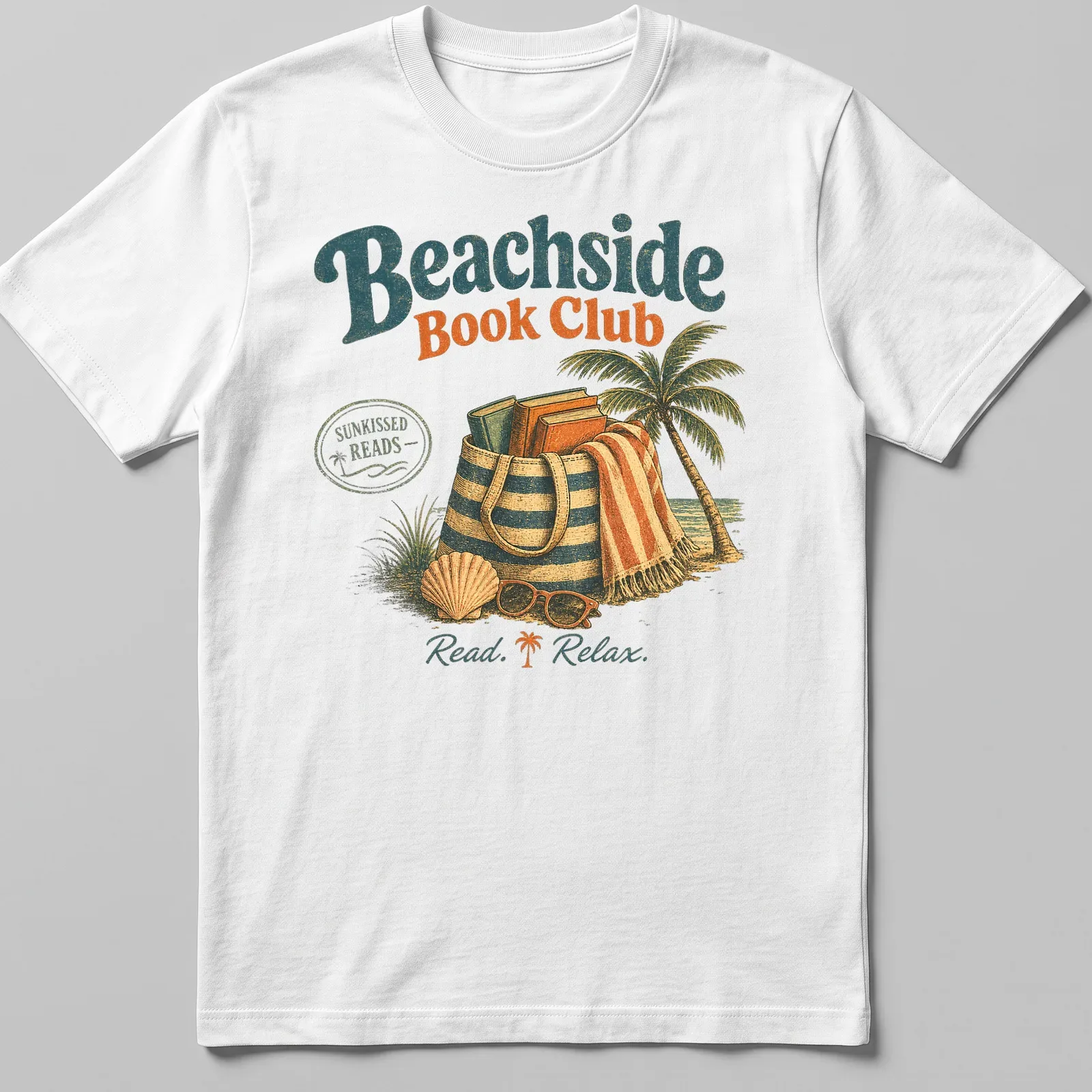 Vintage illustration Beachside Book Club t-shirt with palm tree and books — printed on a unisex t-shirt
