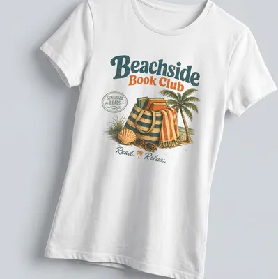 Vintage illustration Beachside Book Club t-shirt with palm tree and books — printed on a women's shirt