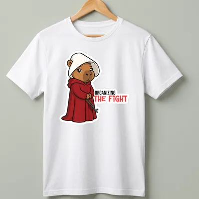 Kawaii bear in a red cloak with the phrase 'ORGANIZING THE FIGHT' printed above.