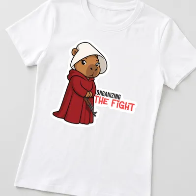 Kawaii bear in a red cloak with the phrase 'ORGANIZING THE FIGHT' printed above. — printed on a women's shirt