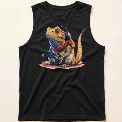 Watercolor illustration of a bearded dragon wearing gaming headphones in bright colors — printed on a tank top
